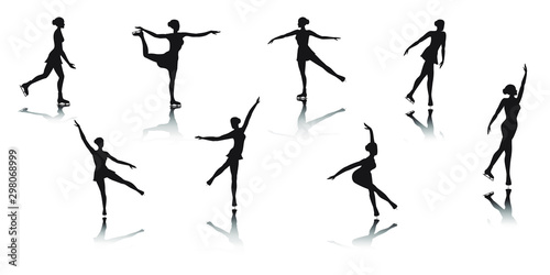 Fotografía Figure ice skating silhouettes of young women on ice rink with reflections - win