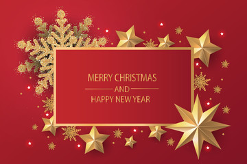 merry christmas and happy new year. christmas greeting card red background with gold stars and gold 
