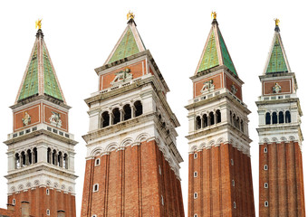 Venice, Campanile di San Marco (bell tower) in St Mark square, isolated on white background. UNESCO world heritage site, Veneto, Italy, Europe. Collection of four images