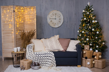 Christmas background - decorated living room with Christmas tree, gifts and garlands