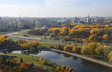 Wall Mural - Aerial view of Minsk city. Autumn Victory Park and Svisloch River. Belarus