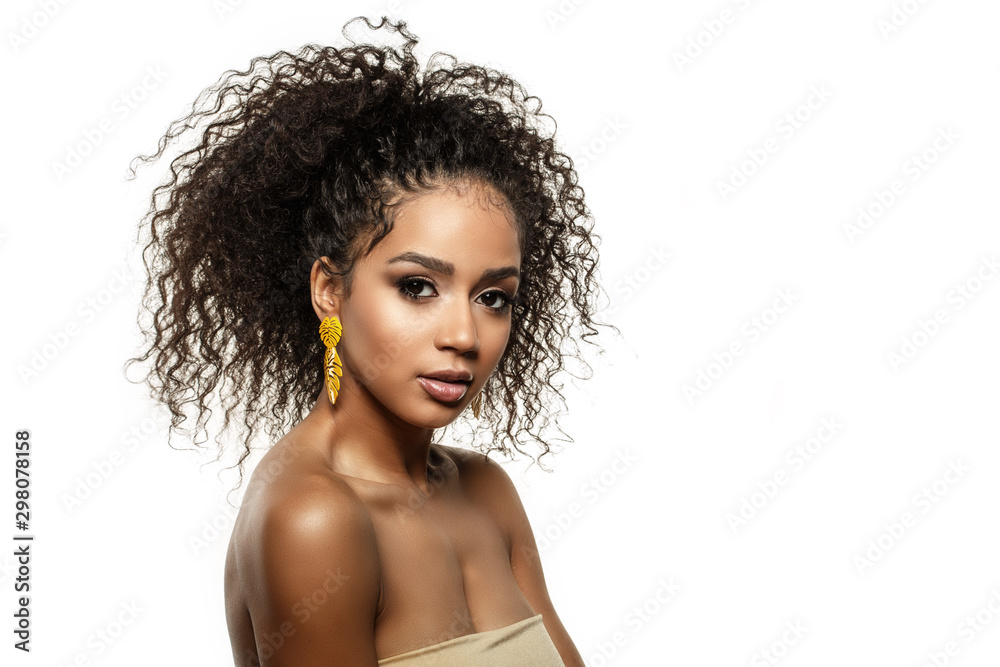 Beauty black skin woman fashion african ethnic female face portrait. Young girl model with afro. - obrazy, fototapety, plakaty 