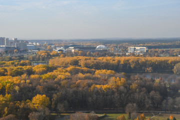 Wall Mural - Aerial view of Minsk city. Autumn Victory Park and Svisloch River. Belarus