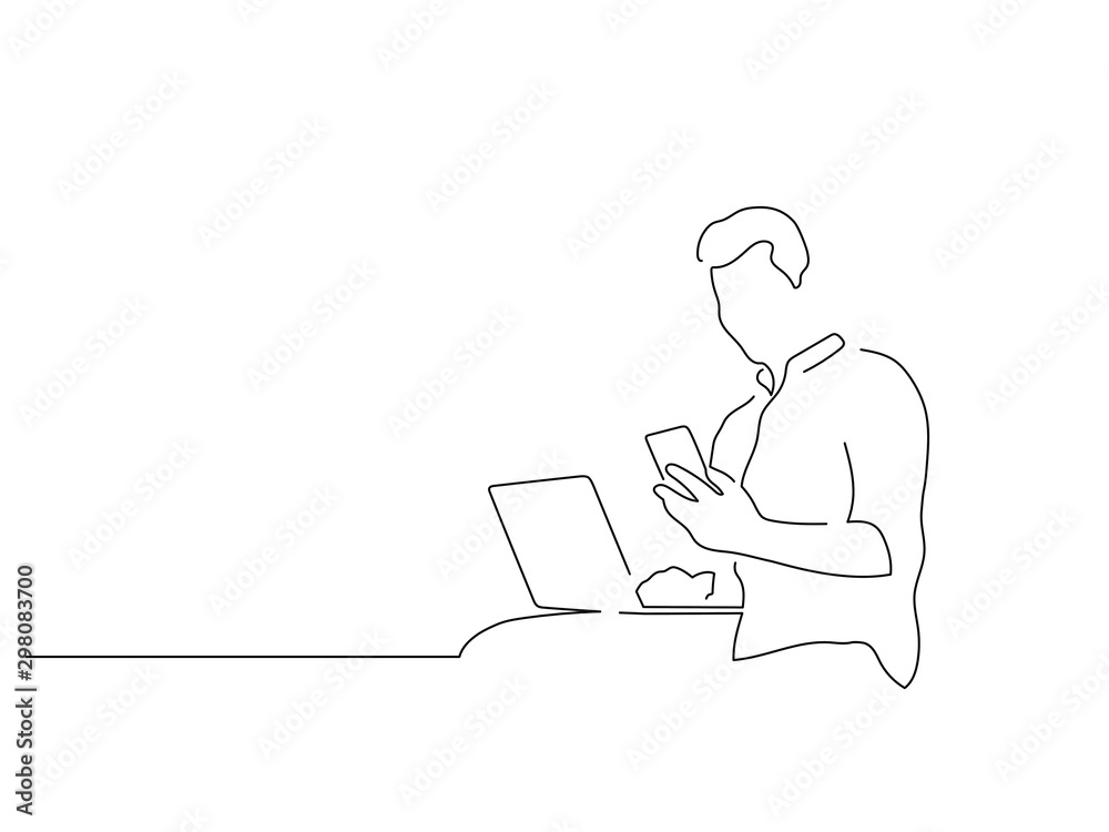 People using technology isolated line drawing, vector illustration ...