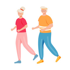 Wall Mural - Retired people training flat vector illustration. Physical activity. Healthy lifestyle. Old couple in tracksuits are running. Active pensioners isolated cartoon character on white background