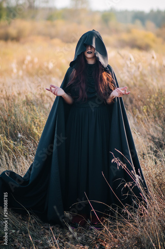 Cuadros en Lienzo A girl in a black dress, a cloak with a hood