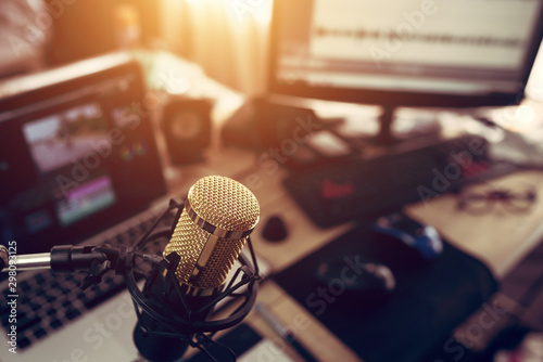 Cuadros en Lienzo Condenser microphone golden in the studio recording creating the sound effect fo