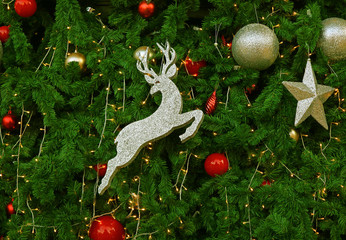 Christmas decoration with gorgeous ornaments on the tree