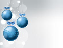 Blue Baubles With Ribbon And Christmas Ornaments Drawings. White Background With Bokeh. Christmas Vector