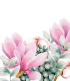 Fototapeta Kwiaty - Watercolor greeting card with rose magnolia and cotton flowers. Berries and green leaves. Vector