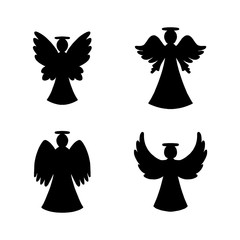 Wall Mural - Vector set of four black angels silhouette on white background. Silhouette for New year, Christmas