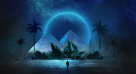 Futuristic night landscape with abstract landscape and island, moonlight, shine. Dark natural scene with reflection of light in the water, neon blue light. Dark neon circle background. Pyramids 