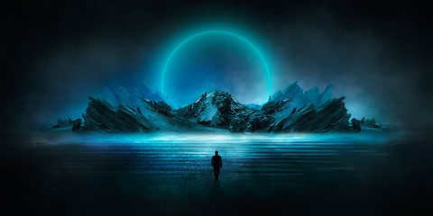 Modern futuristic neon abstract background. Large object in the center, space background. Dark scene with neon light. Reflection of light on a wet surface.