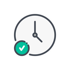 Poster - Time and clock with check button color line icon. Watch and time management management vector outline colorful sign.