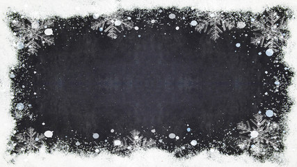 frame with snow, ice crystals, snowflakes isolated on black background with copy space