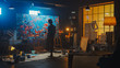 © Gorodenkoff - Talented Female Artist Works on Abstract Oil Painting, Using Paint Brush She Creates Modern Masterpiece. Dark and Messy Creative Studio where Large Canvas Stands on Easel Illuminated