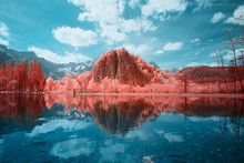 Rural Landscape At The Area Lake Almsee In Austria During Spring, Shot In Infrared IR, Colored In Coral