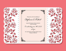 Laser Cut Template Of Wedding Invitation With Roses. Pocket Envelope For Greeting Card With Floral Ornament. Fold Lace Decor Panel With Flower Openwork Vector Silhouette. Die Cut For Valentine's Day.