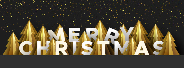 Poster - Merry Christmas banner of gold paper cut pine tree