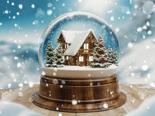 Beautiful Snow Ball Or Snowglobe With Snowfall And Mountain House Inside. 3d Rendering