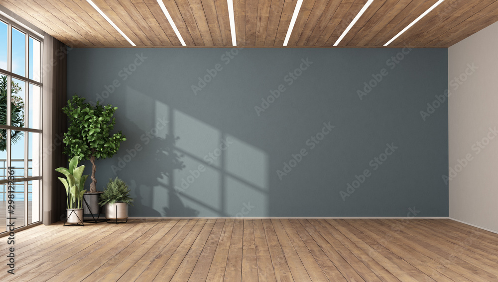 Empty room with plants and blue wall - obrazy, fototapety, plakaty 