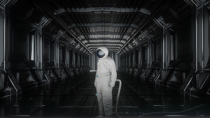 Wall Mural - alone astronaut in futuristic space corridor, room. the planet earth reflects in a spacesuit helmet.