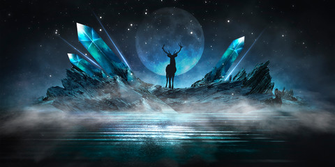 futuristic abstract landscape, night view, neon blue light. deer on top, big moon. dark scene of nig
