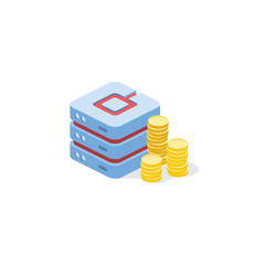 Fototapete - Server hosting price, cost of service, coins. Server hosting price, cost of service, coins. Vector 3d isometric, color web icon, new flat style. Creative illustration design, idea for infographics.