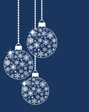 Hanging Christmas Ball Baubles Decorated With Various White Snowflakes And Stars On Blue Background. Flat Retro Style. Vector EPS10 Illustration For Greeting Card Design