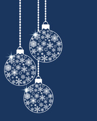 hanging christmas ball baubles decorated with various white snowflakes and stars on blue background.