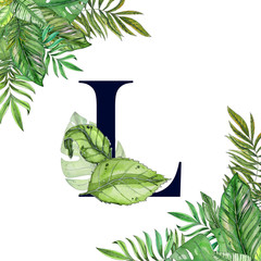 Hand painted watercolor floral alphabet art. Combination of dark L letter and tropical leaves to create delicate designs for weddings, logo, greeting cards, mood boards, posts, magazines