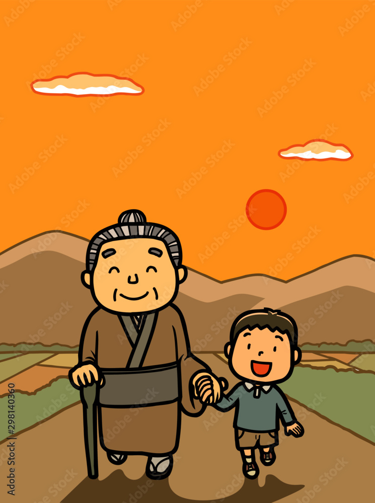 イラスト｜お年寄り｜おばあちゃん｜孫｜男の子｜手をつなぐ｜仲良し