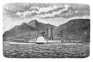 Speedboat -  steamboat with sidewheel paddlers for faster transport - carrying passengers and goods on the Hudson river