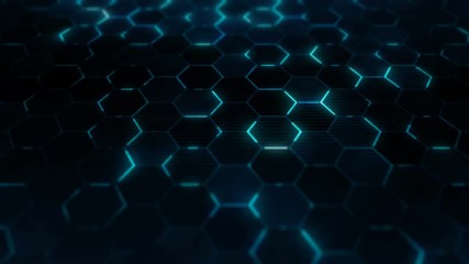 Poster - Blue technology background with hexagons structure. Futuristic surface concept with hexagonal grid. Closeup camera view. Seamless loop.