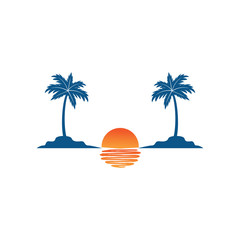 beautiful sunset between two coconut tree island with the shadow on the sea summer beach theme vector logo design