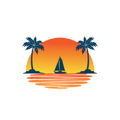 sailing boat in the horizon of sun and ocean between two coconut tree island summer theme vector logo design