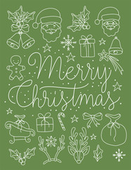 Sticker - happy merry christmas card with calligraphy font and set icons