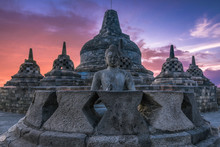 Buddha Statue At Borobudur Temple During Sunset, Indonesia