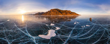 Aerial view of tire tracks on frozen Lake Baikal