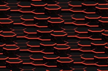 Abstract black hexagon background with red line. Colored hi-tech futuristic geometric pattern