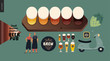 Brewery, craft beer pub -small business graphics -bar elements -modern flat vector concept illustrations - kinds of beer set, hop, bar owners, scooter, beer mat, branded glasses, brew logo