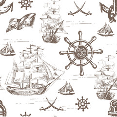 Wall Mural - Vector abstract seamless background on the theme of travel, adventure and discovery. Old hand drawn map with vintage sailing yachts, wind rose, routs, nautical symbols and handwritten inscriptions