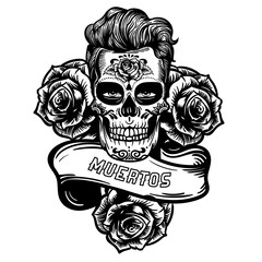 Vector hand drawn illustration logo of Day Of The Dead Skull Muertos. Skull sugar flower. Skull tattoo isolated on white.