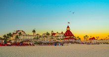Hotel Del Coronado And Coronado Beach At Sunset. San Diego, California