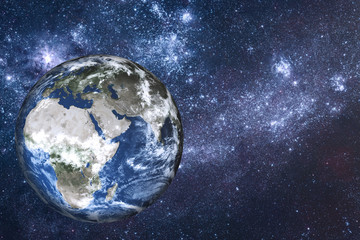 Wall Mural - empty planet earth of solar system in the space with far galaxy on the background. africa and europe