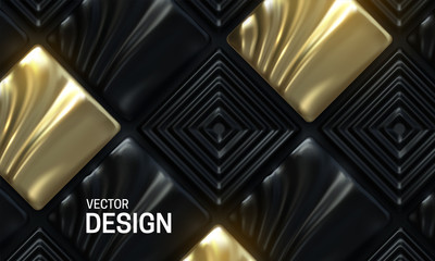 Sticker - Black and golden ornate mosaic. Abstract background. Vector 3d illustration. Geometric square shapes. Polygonal template. Tiled backdrop. Cover design. Vintage decoration elements for interior design