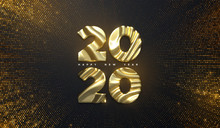 Happy New Year 2020. Holiday NYE event sign. Vector 3d illustration. Golden characters 2020 with wavy sculpted pattern. Shimmering background. Bursting backdrop with glitters. Festive banner design