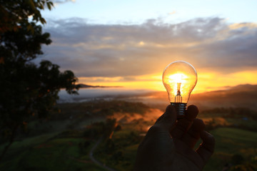 Silhouette hand holding light bulb present idea concept of solar energy