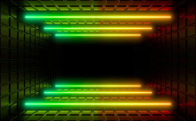 Poster - Multicolored neon lamps in a dark tunnel. Reflections on the walls.