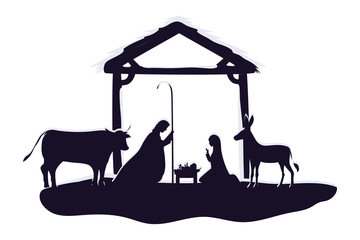 Wall Mural - holy family in stable with animals manger characters
